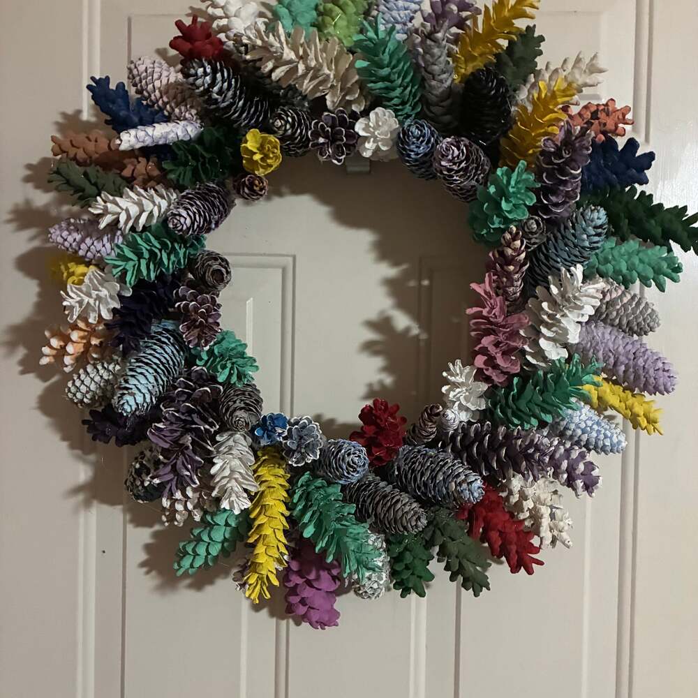 Handmade Multi-Color Painted Pinecone Flower Wreath